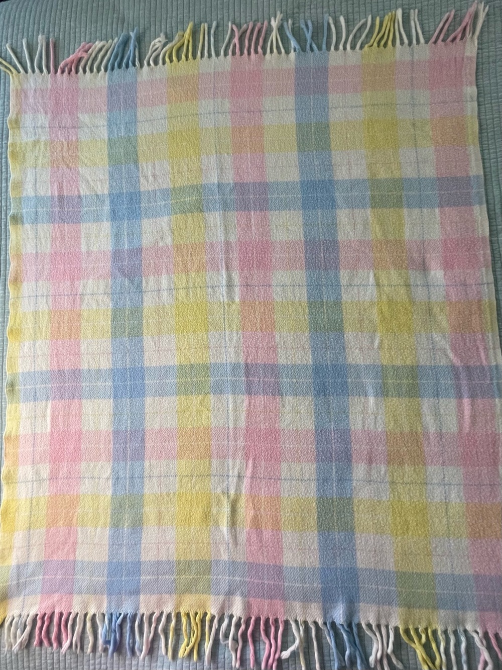 Vintage Tennessee Woolen Mills Pastel Plaid Acrylic Baby Blanket Fringe 36X45